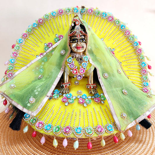 Elegant Lemon Yellow Radha Rani Outfit – Multicolor Floral Work with Diamond Chain Detailing, Chunri & Full Shringar Set