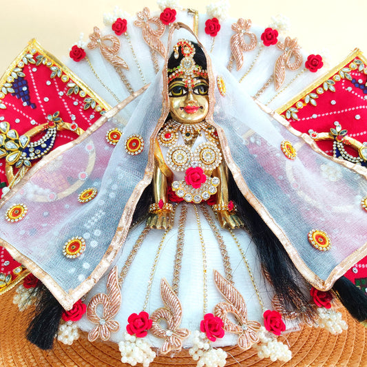 Butterfly Style Red & White Radha Rani Dress – Bandhej Print with Handmade Peacock Patches, Dupatta & Full Shringar Set