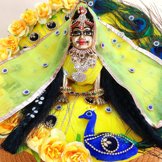 Yellow Color With Peacock Theme Dress for Radha Rani – Real Peacock Feathers & Floral Work with Matching Dupatta & Full Shringar Set