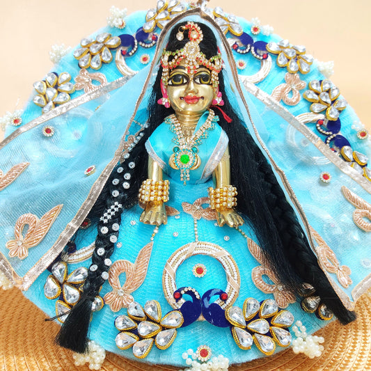 Sky Blue Kundan Work Radha Rani Dress – Royal Kundan Embroidery on Peacock Motifs, Matching Dupatta & Complete Shringar Set