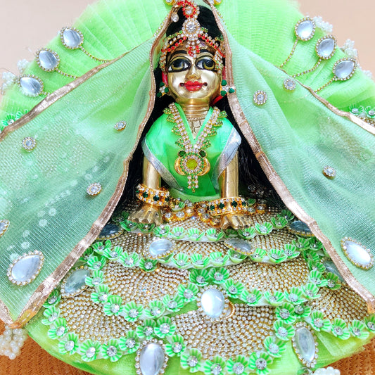 Sparkling Diamond Finish Radha Rani Dress in Pear Green – Janmashtami Special Unique Poshak Design With Matching Dupatta, Bansuri & A Surprise Gift.