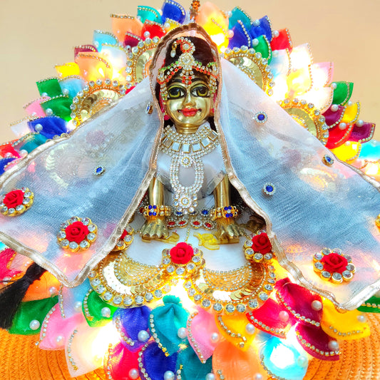 LED Light-Up Two-In-One Radha Rani Dress – Radhe Radhe Patches & Multicolor Petal Work with Heavy Dupatta & Full Shringar Set