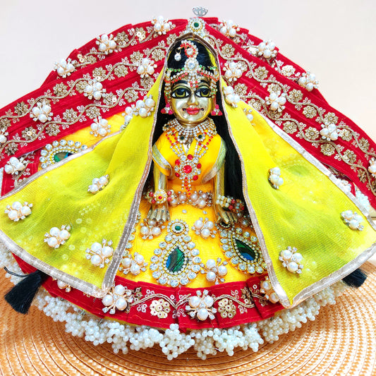 Designer Red and Yellow Radha Rani Poshak – Heavy Styling Dress with Peacock Feather Patches, Matching Chunri & Full Shringar Set
