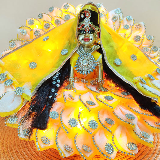 LED Light Up Radha Rani Dress – Two-In-One Fancy Yellow Dress with Matching Dupatta, Bansuri & A Surprise Gift.