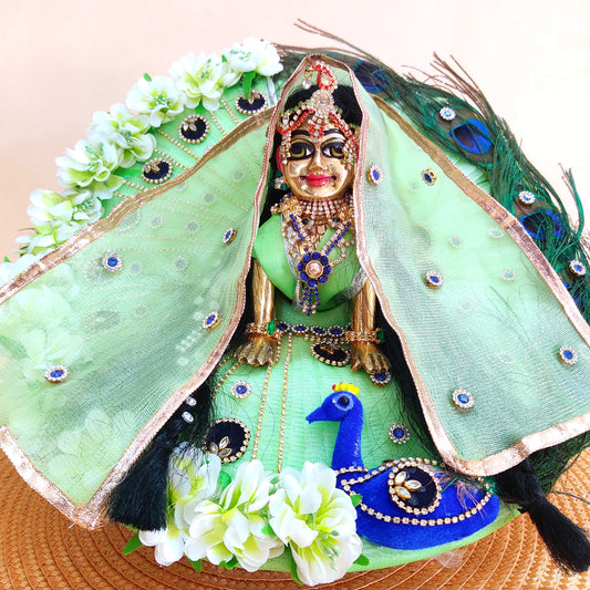 Radiant Green Color With Peacock Theme Dress for Radha Rani – Real Peacock Feathers & Floral Work with Matching Chunri & Full Shringar Set