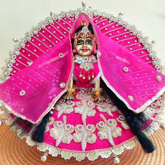 Royal Rani Pink Krishna Poshak – Beautiful Zari Patch and Bead Details with Matching Dupatta & Full Shringar Set