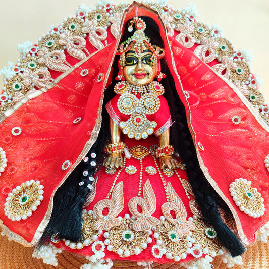 Traditional Red Radha Rani Poshak – Intricate Zari & Golden Patch Dress with Matching Dupatta & Full Shringar Set