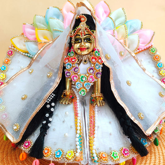 Elegant White Radha Rani Poshak – Multicolor Petal Work & Lace Dress with Chunri & Complete Shringar Accessories