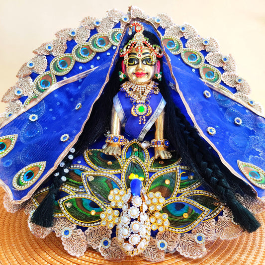 3D Peacock Blue Color Radha Rani Dress – Janmashtami Special Designer Poshak with Matching Dupatta & Full Shringar Set