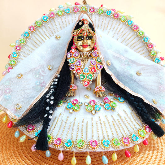 Elegant White Radha Rani Poshak – Multicolor Floral Work with Diamond Chain Detailing, Chunri & Full Shringar Set