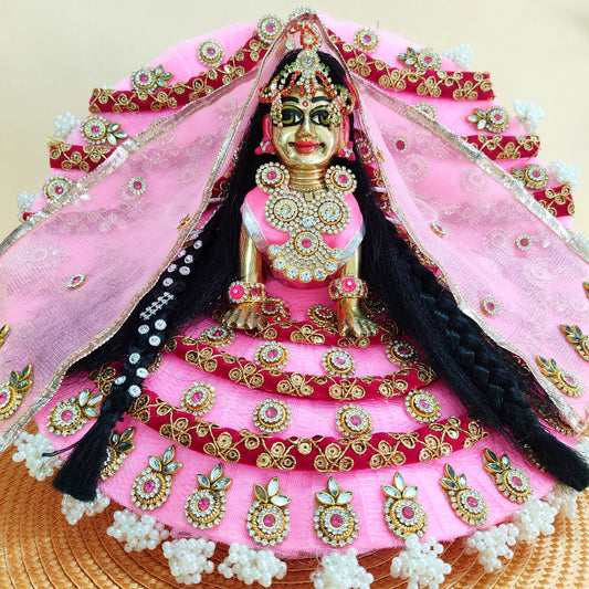 Pastel Pink Radha Rani Dress – Lace Detailing with Handcrafted Patches, Chunri & Full Shringar Set
