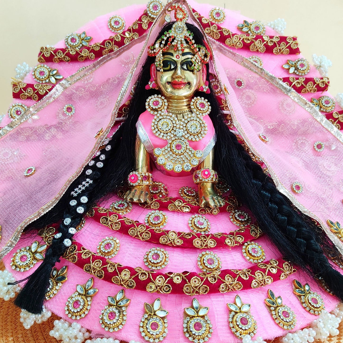Pastel Pink Radha Rani Dress – Lace Detailing with Handcrafted Patches, Chunri & Full Shringar Set