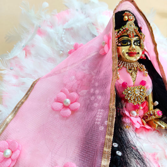 Soft Feather White & Baby Pink Radha Rani Dress – Janmashtami Special Shree Ji Poshak with Floral Work & Matching Chunri With Full Shringar Set