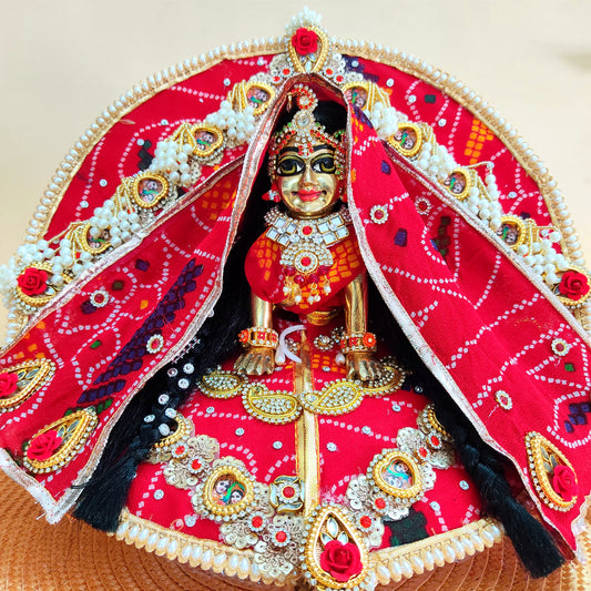 Radha Krishna Themed Red Bandhej Poshak – Heart Design Dress for Radha Rani with Matching Dupatta & Full Shringar Set