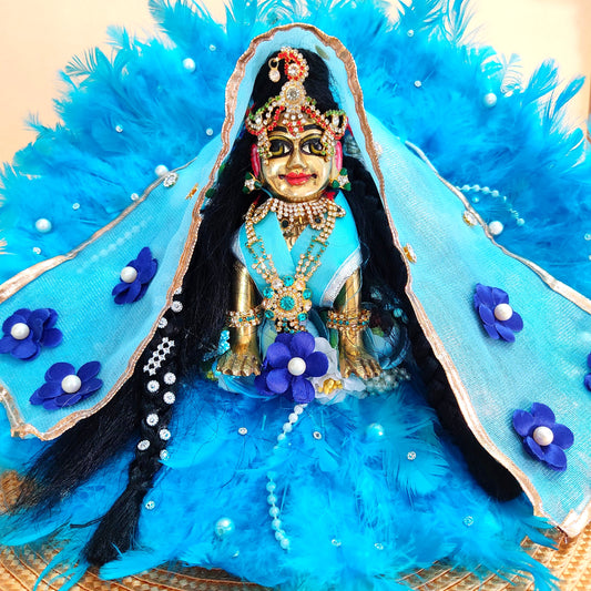 Soft Feather Sky Blue Radha Rani Dress – Janmashtami Special Poshak with Floral Work & Matching Chunri with Full Shringar Set