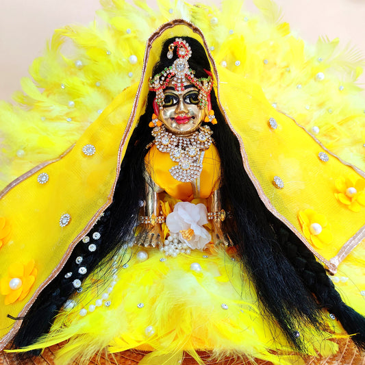 Soft Feather Yellow Radha Rani Dress – Janmashtami Special Poshak with Floral Work & Matching Dupatta Full Shringar Set