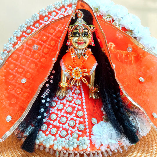 Golden “Shree Krishna” Name Patch with Charan Motif Radha Rani Dress – Orange Designer Poshak with Floral and Full Bead Work, Matching Dupatta & Full Shringar Set