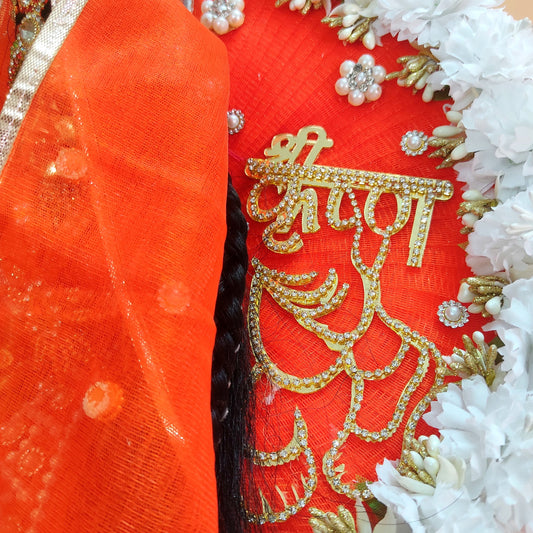 Golden “Shree Krishna” Name Patch with Charan Motif Radha Rani Dress – Orange Designer Poshak with Floral and Full Bead Work, Matching Dupatta & Full Shringar Set