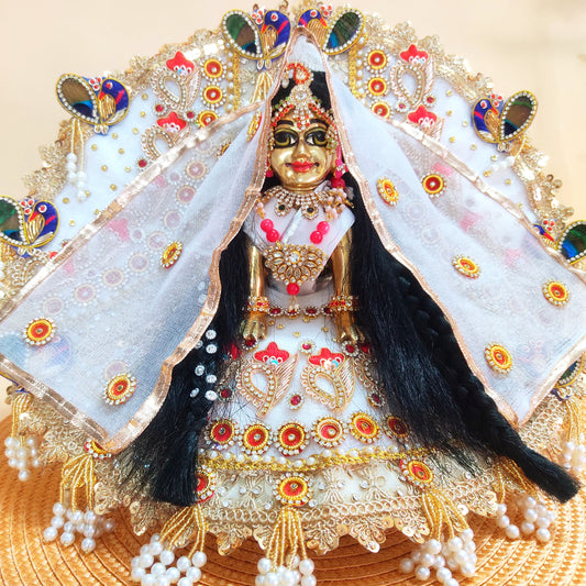 White Designer Radha Rani Outfit – Full Heavy Poshak with Zari Patches, Peacock Motifs, Intricate Detailing With Dupatta & Full Shringar Set