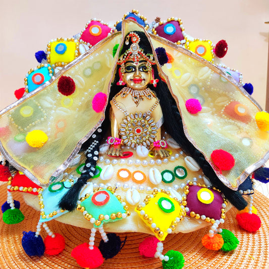 Colorful Designer Radha Rani Dress – 3D Handmade Patches, Cowrie Beads, Mirror Work, Pom-Poms with Matching Dupatta & Full Shringar Set