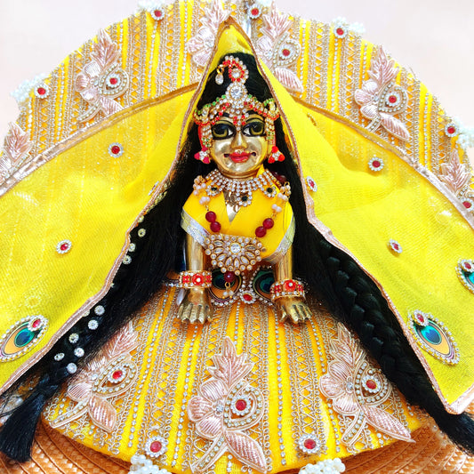 Royal Yellow Designer Radha Rani Dress – Full Lace Work with Peacock Style Patches, Matching Dupatta & Complete Shringar Set