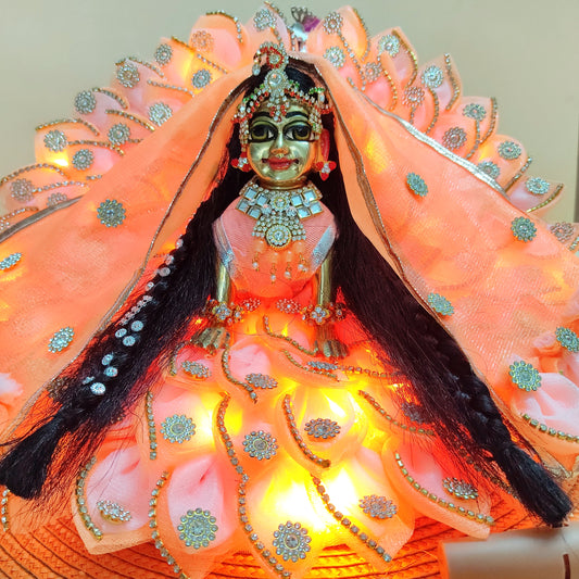 LED Light Up Radha Rani Dress – Two-In-One Peach Radha Rani Dress with Matching Dupatta, Bansuri & A Surprise Gift.