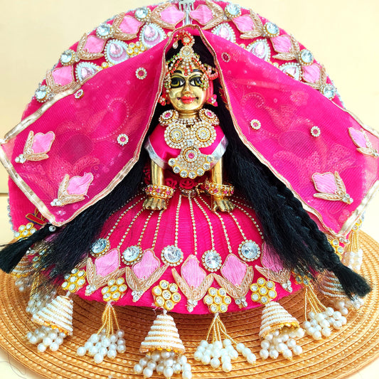 Heavy Look Pink Radha Rani Dress – Designer Peacock Patches Poshak with Heavy Lace and Motifs, Dupatta & Full Shringar Set