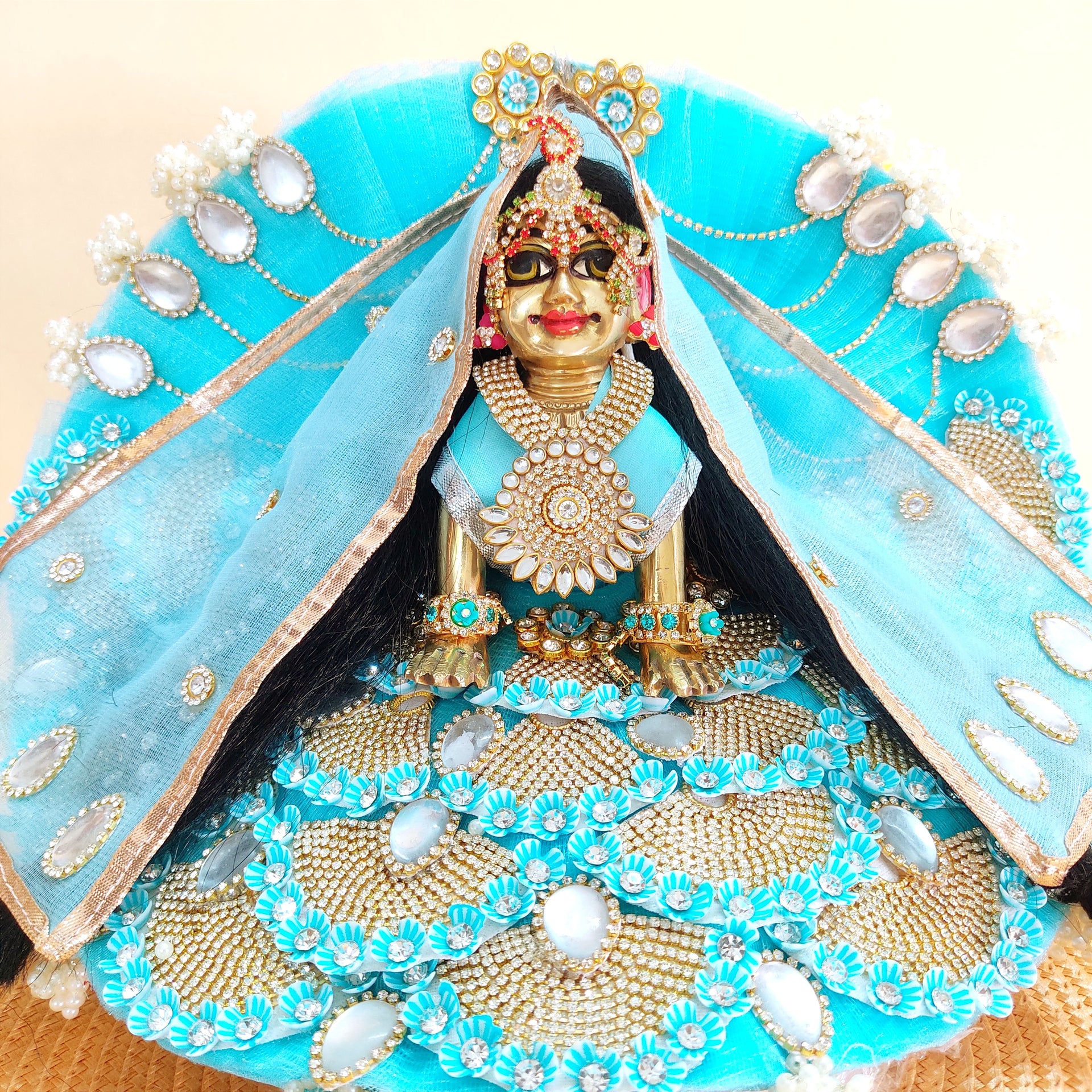 Sparkling Diamond Finish Radha Krishna Dress with Dupatta, Bansuri & A Kanhaji Darbar Sparkling Diamond Finish Radha Krishna Dress with Dupatta, Bansuri & A Kanhaji Darbar