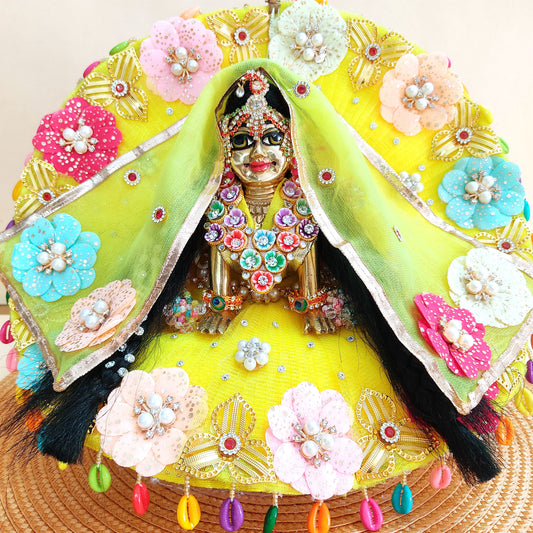 Divine Radha Rani Dress in Lemon Yellow – Multicolor  Imported  Flower Work & Matching Chunri,  Full Shringar Included