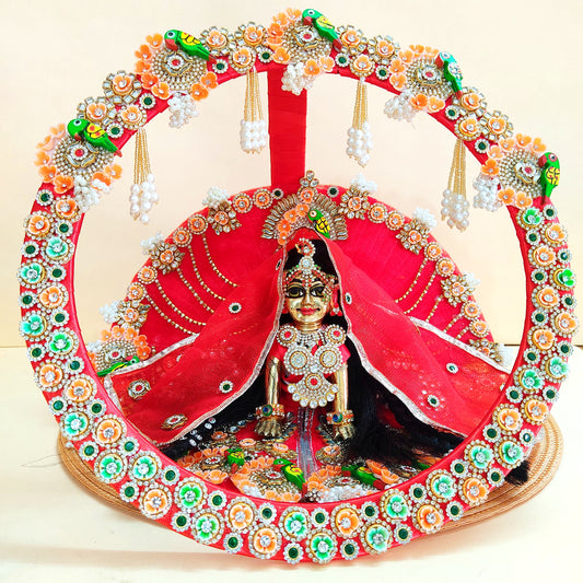 Two-In-One Ring Style Radha Rani Dress – Janmashtami Special Heavy Poshak with Decorative Ring, Handmade Kundan & Floral Patches, Matching Dupatta& Full Shringar Set