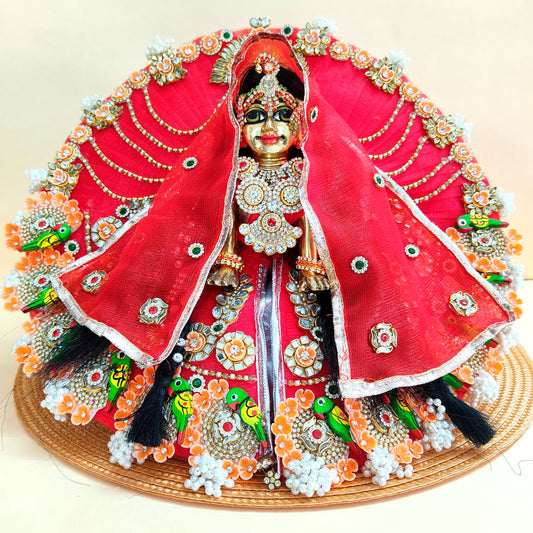 Two-In-One Ring Style Radha Rani Dress – Janmashtami Special Heavy Poshak with Decorative Ring, Handmade Kundan & Floral Patches, Matching Dupatta& Full Shringar Set
