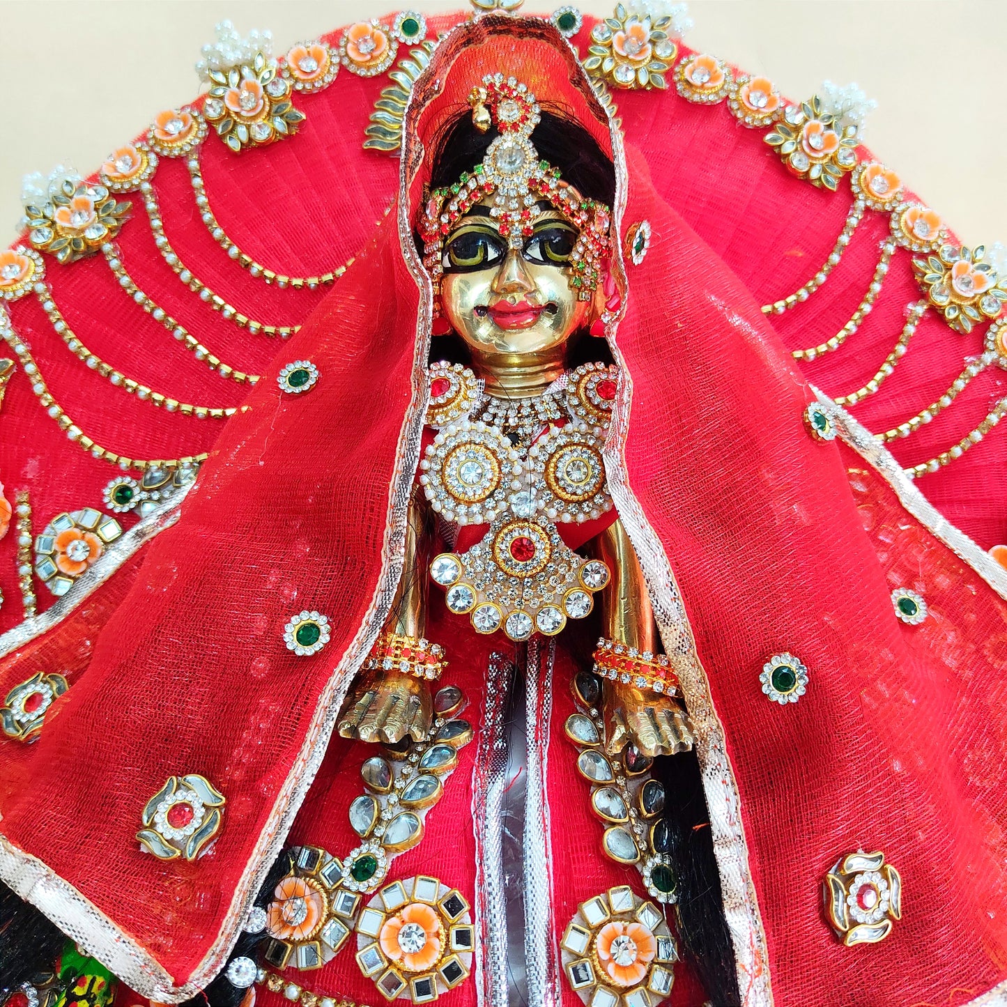Two-In-One Ring Style Radha Rani Dress – Janmashtami Special Heavy Poshak with Decorative Ring, Handmade Kundan & Floral Patches, Matching Dupatta& Full Shringar Set