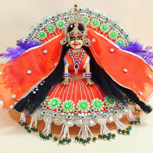 Designer Orange  Radha Rani Dress – Peacock Patches, Purple Feather Work & Full Shringar with Heavy Dupatta