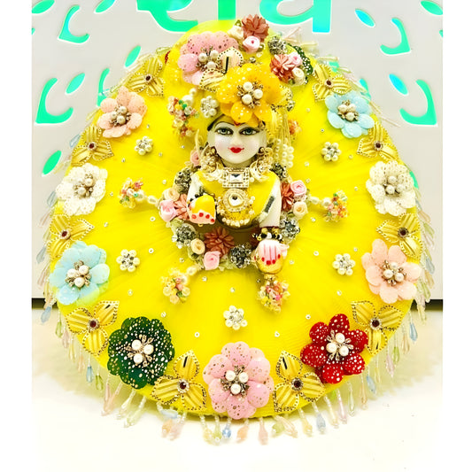 Divine Laddu Gopal Dress in Lemon Yellow – Multicolor  Imported  Flower Work & Mukut, Full Shringar Included