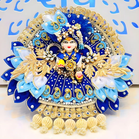 Majestic Royal Blue Radha Rani Dress – Detailed Handwork with Peacock Motifs, Petal Design, Heavy Chunri & Full Shringar Set