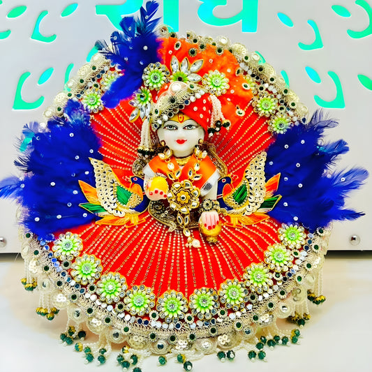 Designer Orange Kanha Ji Dress – Peacock Patches, Purple Feather Work & Full Shringar with Heavy Mukut