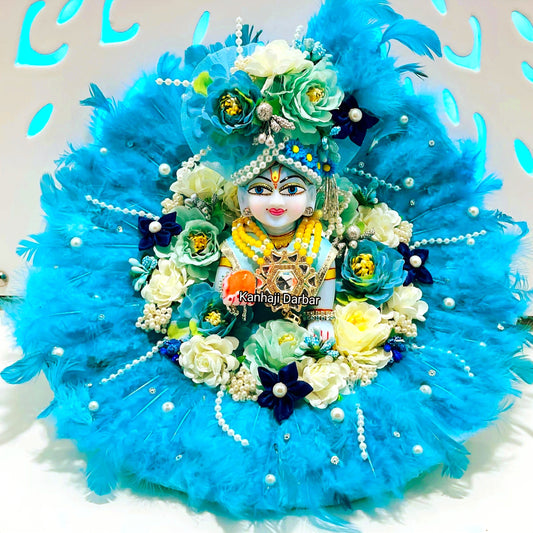Soft Feather Sky Blue Kanha ji Dress – Janmashtami Special Laddu Gopal Poshak with Floral Work & Matching Mukut Full Shringar Set