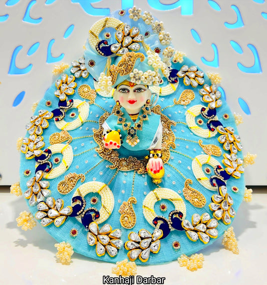 Sky Blue Kundan Work Bal Krishna Dress – Royal Kundan Embroidery on Peacock Motifs, Matching Mukut & Complete Shringar Set