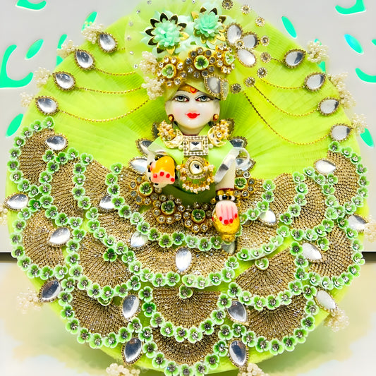Sparkling Diamond Finish Laddu Gopal Dress in Pear Green – Janmashtami Special Unique Poshak Design With Matching Mukut, Bansuri & A Surprise Gift.