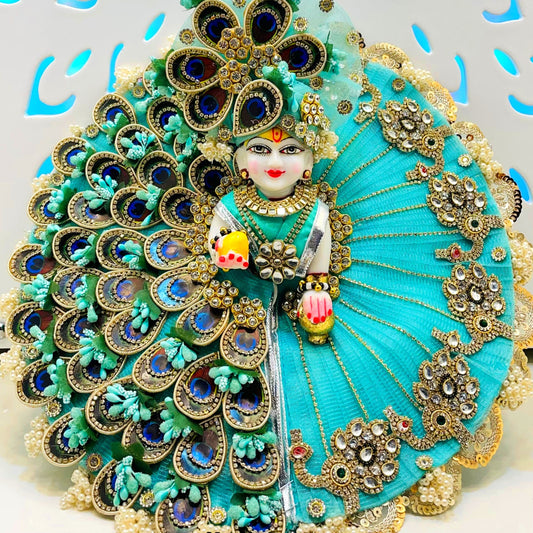 Elegant Sea Green Radha Rani Dress – Dual Style Peacock Feather Patches & Peacock Kundan Patches with Diamond Jewelry Embellishments, Chunri & Full Shringar Included