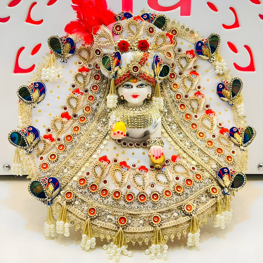 White Designer Laddu Gopal Outfit – Full Heavy Poshak with Zari Patches, Peacock Motifs, Intricate Detailing With Mukut & Full Shringar Set