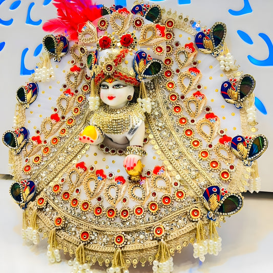 White Designer Laddu Gopal Outfit – Full Heavy Poshak with Zari Patches, Peacock Motifs, Intricate Detailing With Mukut & Full Shringar Set