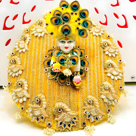 Royal Yellow Designer Radha Rani Dress – Full Lace Work with Peacock Style Patches, Matching Dupatta & Complete Shringar Set
