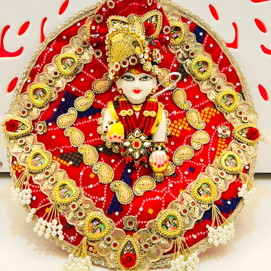 Radha Krishna Themed Red Bandhej Poshak – Heart Design Dress for Bal Gopal with Matching Mukut & Full Shringar Set