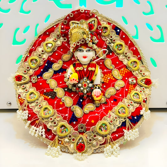 Radha Krishna Themed Red Bandhej Poshak – Heart Design Dress for Bal Gopal with Matching Mukut & Full Shringar Set