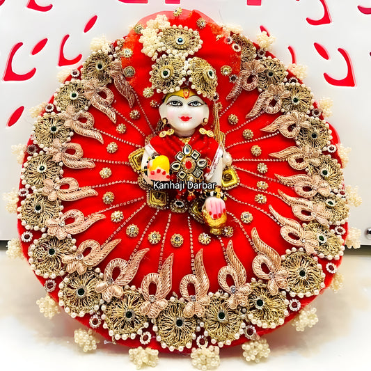 Traditional Red Radha Rani Poshak – Intricate Zari & Golden Patch Dress with Matching Dupatta & Full Shringar Set
