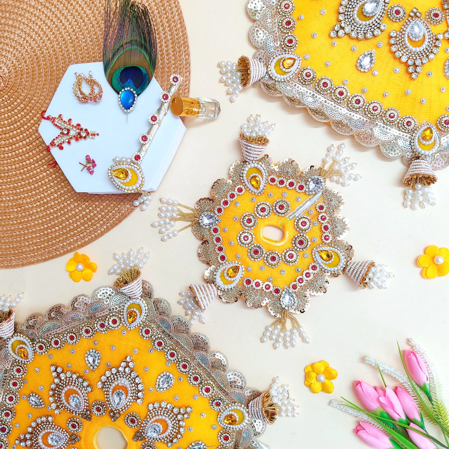 Royal Yellow Krishna Dress – Hexagon Poshak with Handmade Patches with Mukut, Pataka Set, Bansuri & Full Shringar Set