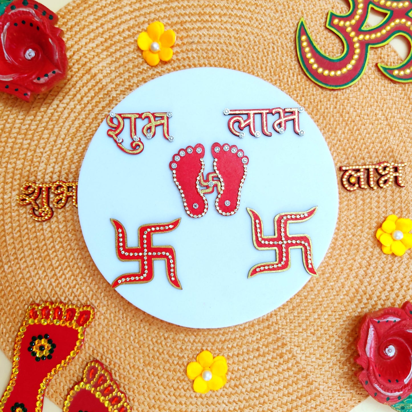 Diwali Special Yellow Laddu Gopal Poshak with 3D Pearl Balls, Zari Peacock Patches & Diamond Chain Work with Matching Mukut, Pataka Set, Bansuri & A Surprise Gift.
