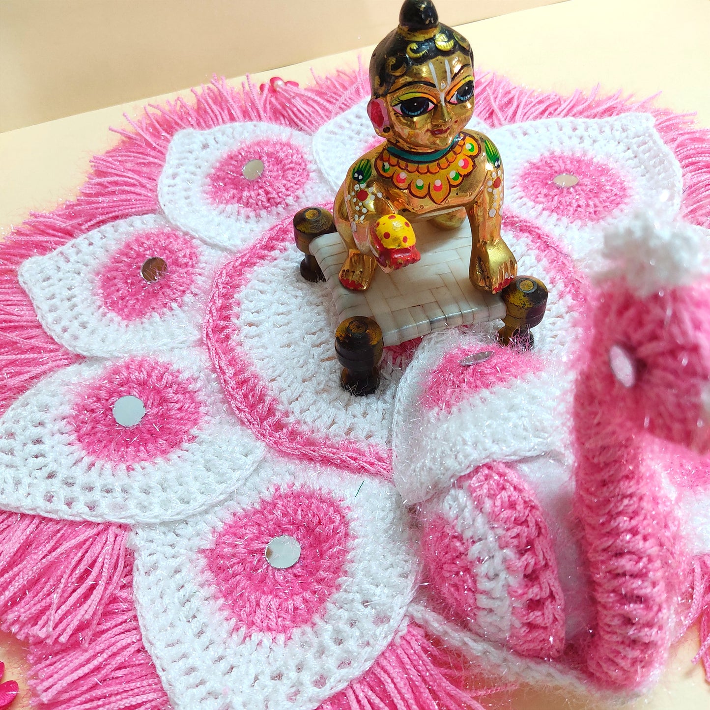 Handmade Crocheted Peacock-Inspired Pink and White Aasan for Kanha Ji | Elegant Thalposh | Sacred Table Cover & Home Decor