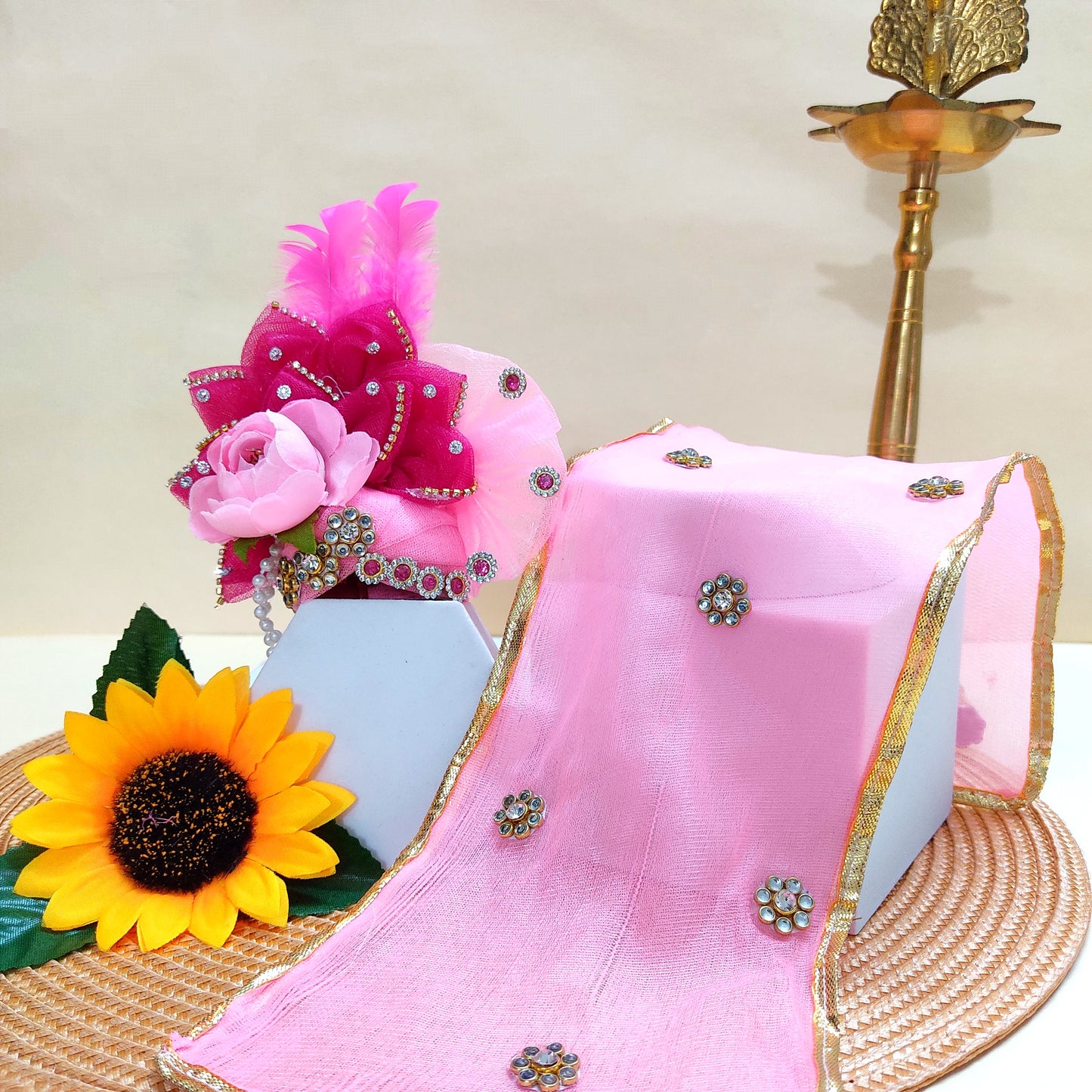 Diwali Special Divine Light Pink & Pink Kanha Ji Poshak with Diamond Lace & Floral Accents with Mukut, Pataka Set, Bansuri & Full Shringar Set